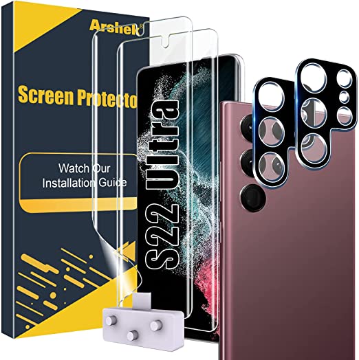 Screen Protector for Samsung Galaxy S22 Ultra 5G [Not Glass], 2 Pack HD Flexible TPU Film with 2 Pack Tempered Glass Camera Lens Protector, Support Fingerprint Unlock, Case Friendly