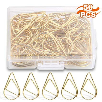 Paper Clips, 50 Pieces Diamond Shaped Paperclips, Creative Gold Drops Shaped Document Clips Office Clips for School Personal Document Organizing and Classifying Professional Work (50 Gold)