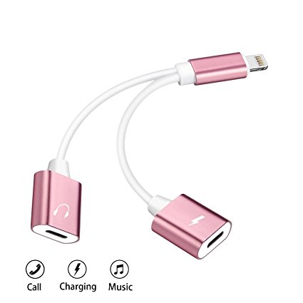 2 in 1 iPhone X/8/8Plus/7/7Plus adapter, Lightning Adapter, Lightning to Dual Lightning Splitter Cable Support Music Control, Charger and Phone Communication(Rose gold)