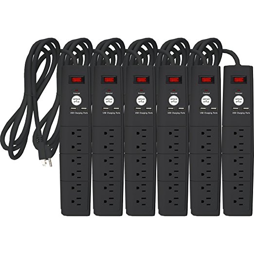 Office   Style 6 Outlet Surge Protector with Dual USB Ports and 6 Ft Cord, Black- 6 Pack