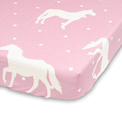 Cuddly Cubs Fitted Crib Sheet for Girls - Polka Dots and Horse in White & Pink - Soft Nursery Bedding - Best Infant Bed Sheets For Baby Shower Gift
