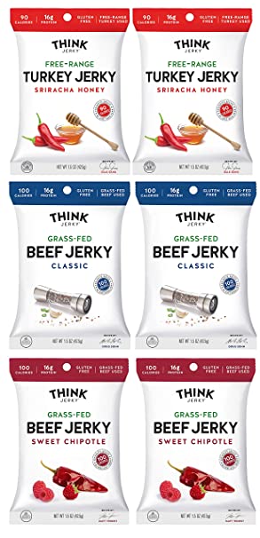 Think Jerky Grass-Fed Beef Jerky and Free-Range Turkey Jerky Variety Pack of 6 - Non-GMO, Gluten-Free, Paleo Friendly - 1.5 Ounce Bags
