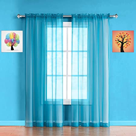 Warm Home Designs Pair of Standard Length Classic Blue Turquoise Sheer Window Curtains. Each Voile Drape is 56 X 84 Inches. Great for Kitchen, Living, Kids Room. 2 Fabric Panels. AM Turquoise 84"