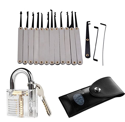 Practice Lock Set, LTC Crystal Transparent Professional Visible Cutaway Inside View Padlocks with 2 keys, 12 pcs Various Crochet Hook, Wrenches, Leather Pouch for Locksmith Training