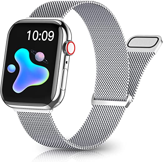 Rabini Metal Bands Compatible with Apple Watch Band 42mm 44mm 45mm 38mm 40mm 41mm for Women Men, Stainless Steel Mesh Loop Magnetic Strap for iWatch SE Series 7 6 5 4 3 2 1, Silver
