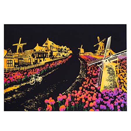 Qiyun Scraping painting Creative DIY Scratch Bright City Night View Scraping Painting World Sightseeing Pictures as Giftsstyle:Dutch windmill