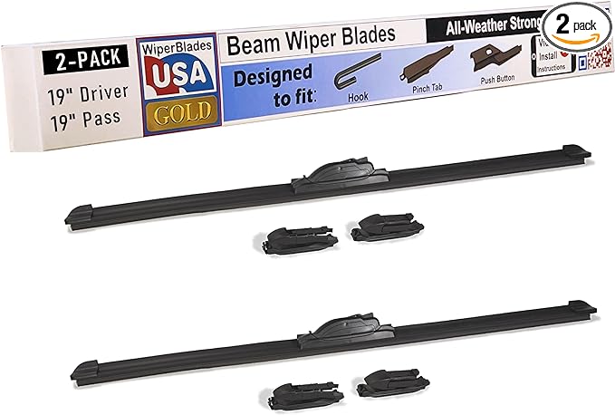 WiperBladesUSA Gold 19" & 19" (Set of 2) Beam Wiper Blades High Performance Automotive Replacement Windshield Wipers For My Car, Easy DIY Install & Multiple Arm Types