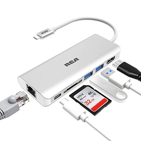 USB C Hub, RCA 6 in 1 Type C Hub with Ethernet, 4K HDMI, 2 USB 3.0 Ports, SD Card Reader, USB C Power Delivery, Portable hub for MacBook Pro and Other Type C Laptops