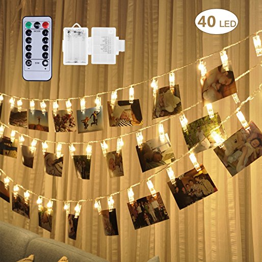 [Remote & Timer] 40 LED Photo String Lights - Adecorty Battery Operated Photo Clips Lights with 8 Modes, Twinkle Fairy String Lights, Ideal Gift for Christmas Wedding Dorm Bedroom Decor,Warm White