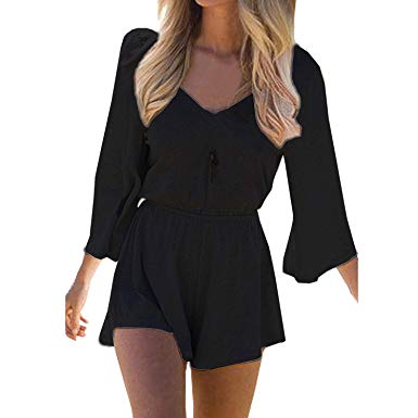 SUNNOW Women's Sexy Long Sleeves V Neck Backless Short Romper Jumpsuit