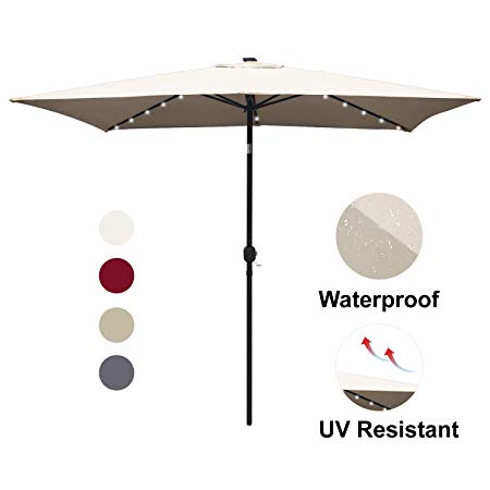 ABCCANOPY Rectangular Patio Umbrella Solar Powered Outdoor Umbrellas Market Table Umbrella with 26 LED Lights, Tilt and Crank for Patio Deck and Pool, 6.6 by 9.8 Ft (Light Beige)