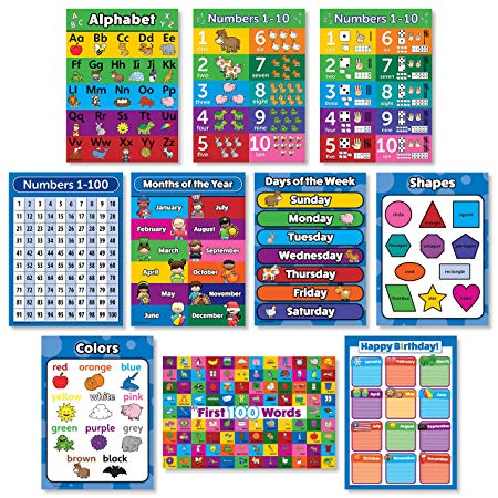 10 LAMINATED Toddler Educational Posters - ABC - Alphabet, Numbers 1-10, Shapes, Colors, Numbers 1-100, Days of the Week, Months of the Year, Birthday (18 x 24)