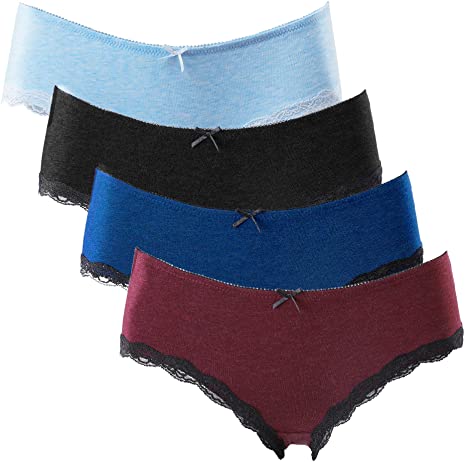 ATTRACO Women's Cotton Brief Panties Soft Underwear Lace Trim Hipster 4 Pack