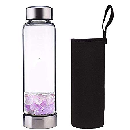 Dyshuai Natural Crystal Glass Water Bottle Includes Protective Sleeve and Removable Crystal 18.6OZ