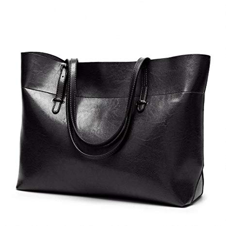 Womens Soft Leather Handbags Large Capacity Retro Vintage Top-Handle Casual Tote Bags Black