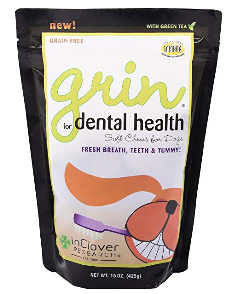 In Clover Grin Daily Dental Care Chews for Dogs, Grain Free Formula for Clean Teeth and Fresh Breath, Scientifically Formulated, Stop Plaque and Tartar with Antibacterials and Prebiotics