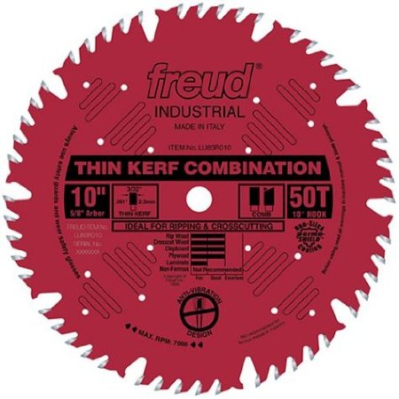Freud LU83R010 10-Inch 50 Tooth ATB Thin Kerf Combination Saw Blade with 5/8-Inch Arbor and PermaShield Coating
