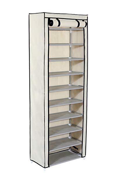Home-Like 10 Tiers Shoe Cabinet Shoe Storage Organizer Shoe Tower Shoe Rack Stand with Fabric Dustproof Cover 30 Pairs Shoes 61x31x172cm (10-Tier-Beige)