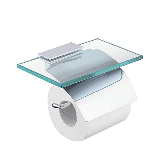 Hiendure Toilet Paper Holder with Shelf, Brass Lavatory Tissue Holder with Mobile Phone Storage Rack and Lid,Chrome