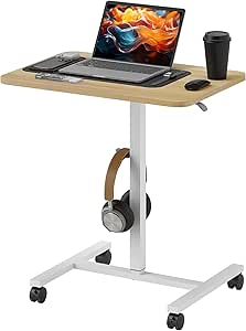 HOMCOM Height Adjustable Standing Desk, Pneumatic Sit Stand Desk for Laptop, Mobile Overbed Table with Wheels and Headphone Hook for Home Office, Natural Wood Finish