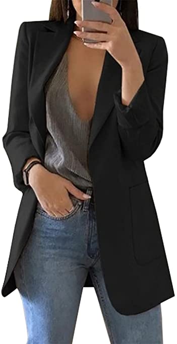 FLYCEHN Women Open Blazer Front Pocket Long Sleeve Work Office Cardigan Jacket