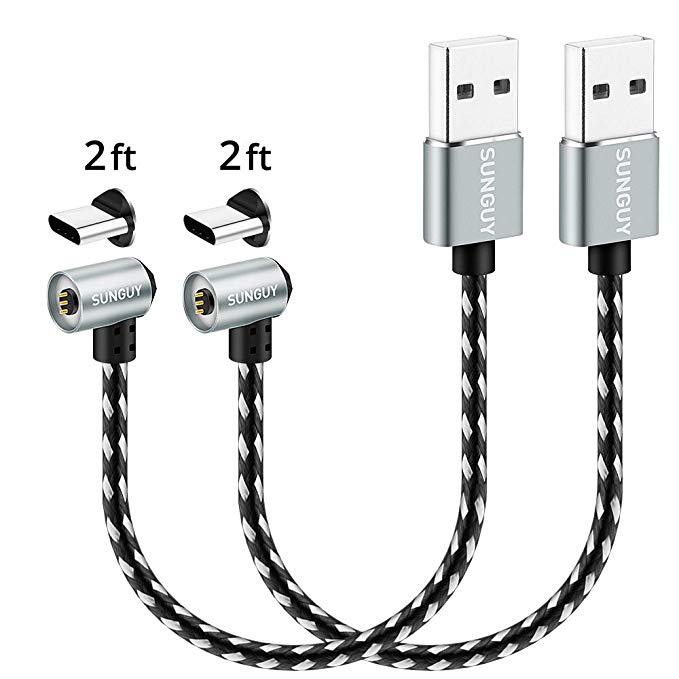 USB Magnetic Cable,SUNGUY [2 Pack] 2FT/0.6M Right Angle 90 Degree USB C Charging Cable with Magnet Connector for Samsung Galaxy S9 S8 Plus Note 8, Google Pixel 2 XL, LG V30 G6,OnePlus 5T and More