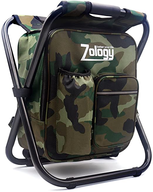 Zology Folding Camping Chair Stool Backpack with Cooler Insulated Picnic Bag, Camouflage Portable Hiking Seat Table Bag for Outdoor Indoor Fishing Travel Beach BBQ