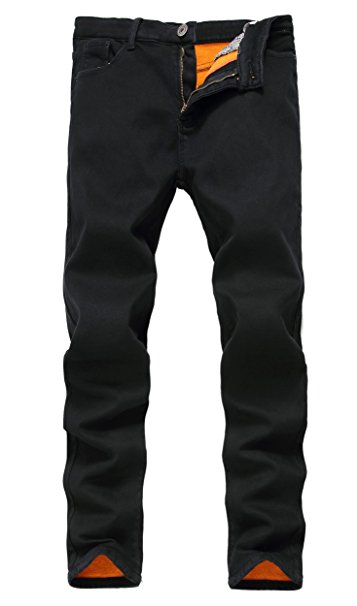FREDD MARSHALL Men's Black Fleece Lined Skinny Winter Slim Fit Thicken Warm Stretch Jeans