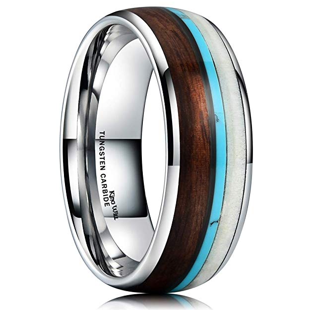 King Will Nature Wood Calaite Inlay Dome Tungsten Carbide Wedding Ring Band Unisex Comfort Fit