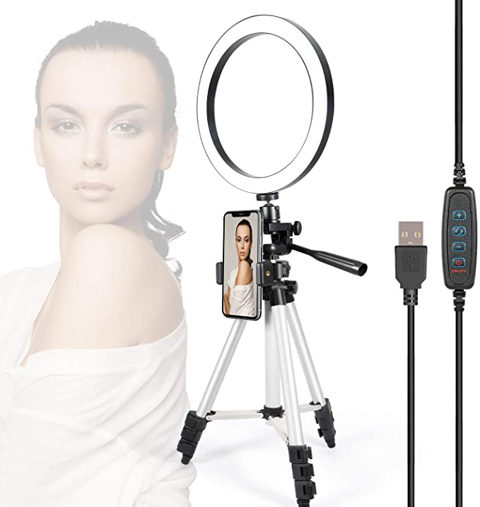 10" Selfie Ring Light with Tripod Stand & Cell Phone Holder for Live Stream Makeup - GLCON Dimmable LED Camera Ringlight for YouTube Video Tiktok Photography - Ring Light for iPhone Android (Silver)