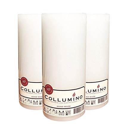 Large COLLUMINO 120 Hour Solid Colour Pillar Candles Size 15 x 7cm (Pack of 3, White)
