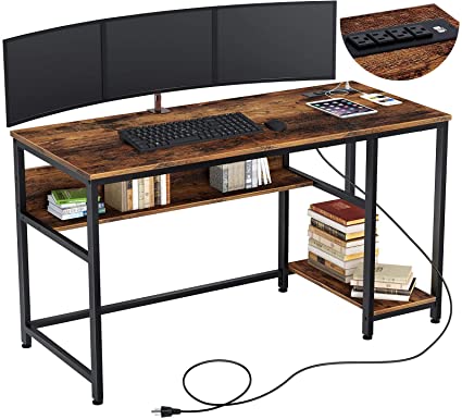 Rolanstar Computer Desk with Power Outlets, 47"/55" Office Desk with 2 Storage Shelves with Corner Protectors, Study Table, Workstation,Business Style, Stable Metal Frame, RTB00D-YE140-1