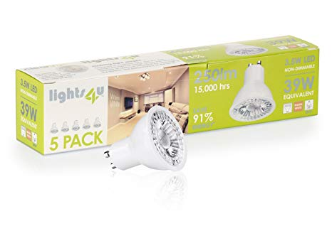 Lights4u 3.5W GU10 LED Light Bulbs Warm White 3000K 35W Equivalent - 5 Pack