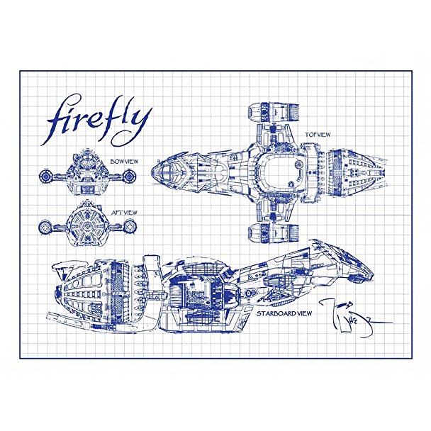 Inked and Screened Sci-Fi and Fantasy "Firefly Serenity Blueprint" Print, White Grid - Blue Ink