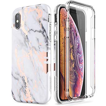 SURITCH Marble iPhone Xs Case/iPhone X Case, [Built-in Screen Protector] Full-Body Protection Hard PC Bumper   Glossy Soft TPU Rubber Gel Shockproof Cover Compatible with Apple X/Xs-White/Gold