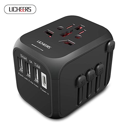 licheers Universal Travel Adapter, with Dual Fuse 5A Smart Power USB and 3.0A USB Type-C Wall Charger for 200 More Countries EU US China UK Australia Germany Spain France Japan European Plug(Black)