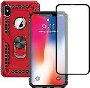 iPhone Xs Case (2018) / iPhone X Case (2017), Military Grade Heavy Duty Protection Phone Cases Cover with Ring Kickstand for iPhone Xs/iPhone X (Red)