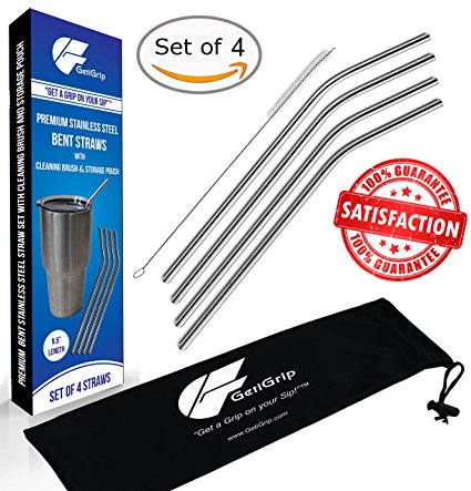 GetiGrip Extra Long Stainless Steel Drinking Straws, Set of 4 Bent   FREE Storage Pouch   Cleaning Brush! For Yeti, Ozark Trail, RTIC & other Tumbler Brands; Perfect for 20 oz & 30 oz Cups!