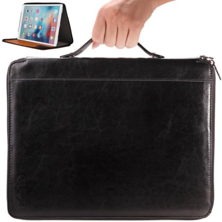 CUVR Leather Kick-Stand Zipper Carrying Case with Handle for Apple iPad Pro - Black