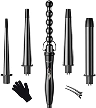 BESTOPE Hair Curler, Pro 5-In-1 Curling Iron and Curling Wand Set Hair Waver With 5 Interchangeable Ceramic Tourmaline Barrels& Heat Resistant Glove, Dual Voltage, Cool Tips for All Curls& Waves (Black)