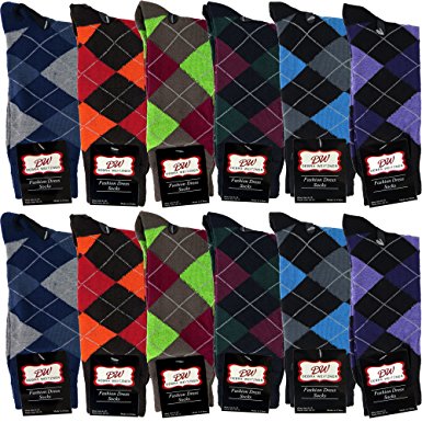 Debra Weitzner Mens Dress Socks With Bright Argyle Patterns - Cotton - Assorted Colors - Crew Length - Pack of 12 Pairs