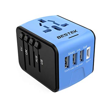 BESTEK Universal Travel Adapter with USB C Charger, All in One Worldwide AC Outlet Plug Converter for US UK Europe AUS More Than 150 Countries, 1 AC Outlet   1 Type-C Port   3 USB Ports