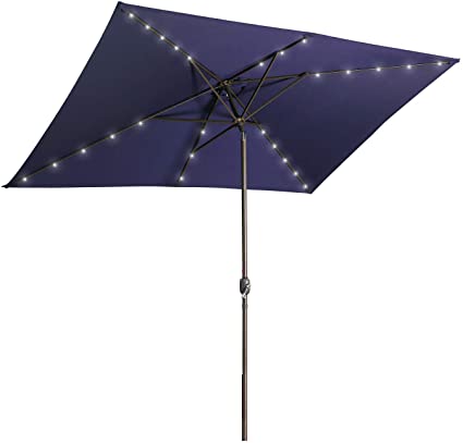 Aok Garden 10 Ft LED Lighted Patio Outdoor Umbrella Solar Power Market Table Fade-Resistant Umbrella with Push Button Tilt & Crank and 6 Sturdy Ribs,Dark Blue
