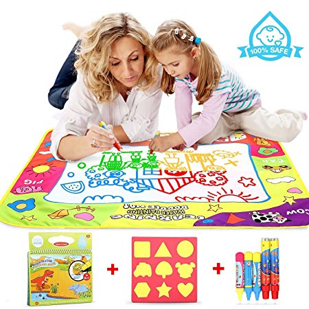 COOLJOY Water Magic Drawing Mat, Drawing Painting Doodle Mat With 5 Water Pen & 6 Stamps & a Doodle Water Book--Ideal Educational Toy &Birthday Gift for Kids