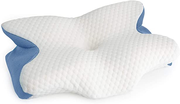 Neck Pillow, Memory Foam Cervical Pillows for Sleeping, Coolplus Contour Support Pillow for Neck and Shoulder Pain Relief, Suit for Side, Back, Stomach Sleepers, Washable Cover, Standard, White-Blue