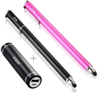 Bargains Depot® Economical Pack- 2Pcs [0.18" small tip Series] 2-in-1 Stylus with a 2600mAh Lipstick-Sized Portable Charger External Battery -10Pcs Replacement Rubber Tips included (Black//Pink)