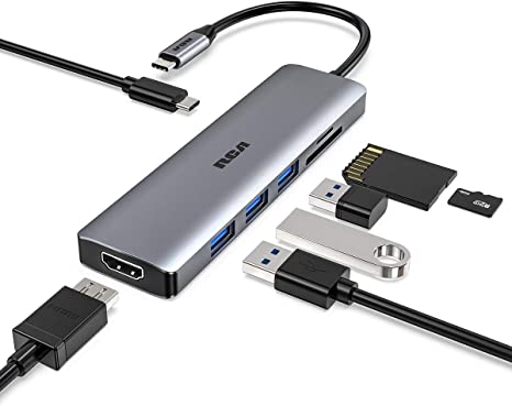 RCA USB C Hub, Type C Adapter with 4K HDMI, 3 USB 3.0, USB C PD Power Delivery, SD&TF Card Reader, USB C Adapter for Type C Laptops and Other Type C Devices