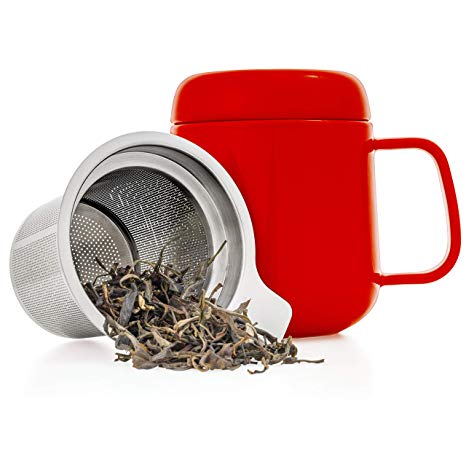 Tealyra - Sumo Ceramic Red Tea Cup Infuser - 13.5-ounce - Small Mug with Lid and Stainless Steel Filter For Loose Leaf Tea - Tea-For-One - 400 ml