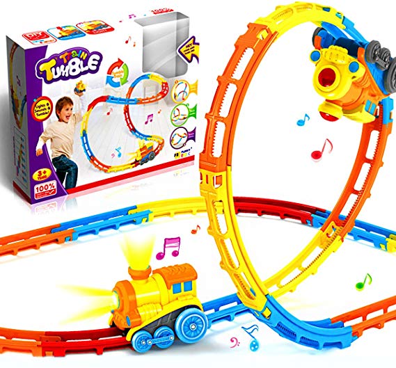 Jellydog Toy Tumble Train Track Set, Track Car Twister Set, Electric Flexible 23 Colorful Music Tracks   1 Light Up Dump Truck , Build-A-Road X-Track Toy Car Playset, for Ages 3 and Up