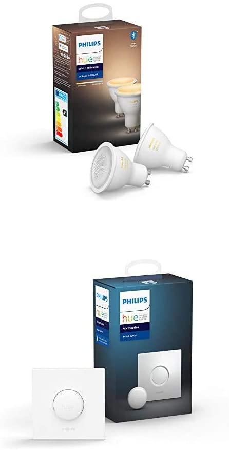 Philips Hue White Ambiance Smart Bulb Twin Pack [GU10 Spots] with Bluetooth   Smart Button Bundle; Works with Alexa, Google Assistant and Apple HomeKit